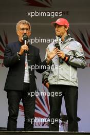 (L to R): Eddie Jordan (IRE) BBC Television Pundit and Jenson Button (GBR) McLaren at the post race concert. 08.07.2012. Formula 1 World Championship, Rd 9, British Grand Prix, Silverstone, England, Race Day