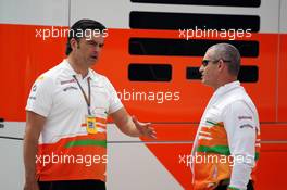 (L to R): Andy Stevenson (GBR) Sahara Force India F1 Team Manager with Gerry Convy (GBR) Personal Trainer of Paul di Resta (GBR) Sahara Force India F1 . 05.07.2012. Formula 1 World Championship, Rd 9, British Grand Prix, Silverstone, England, Preparation Day