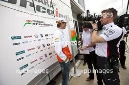 Nico Hulkenberg (GER) Sahara Force India F1 with the media. 05.07.2012. Formula 1 World Championship, Rd 9, British Grand Prix, Silverstone, England, Preparation Day