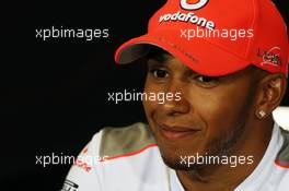 Lewis Hamilton (GBR) McLaren in the FIA Press Conference. 05.07.2012. Formula 1 World Championship, Rd 9, British Grand Prix, Silverstone, England, Preparation Day