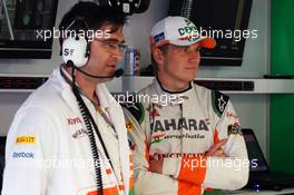 (L to R): Bradley Joyce (GBR) Sahara Force India F1 Race Engineer withi Nico Hulkenberg (GER) Sahara Force India F1. 20.07.2012. Formula 1 World Championship, Rd 10, German Grand Prix, Hockenheim, Germany, Practice Day