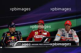 The FIA Press Conference (L to R):  Sebastian Vettel (GER) Red Bull Racing, second; Fernando Alonso (ESP) Ferrari, race winner; Jenson Button (GBR) McLaren, third. 22.07.2012. Formula 1 World Championship, Rd 10, German Grand Prix, Hockenheim, Germany, Race Day