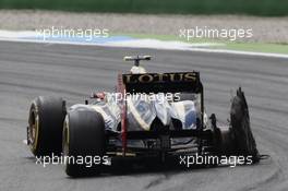 Romain Grosjean (FRA), Lotus F1 Team with a exploded tire puncher 22.07.2012. Formula 1 World Championship, Rd 10, German Grand Prix, Hockenheim, Germany, Race Day