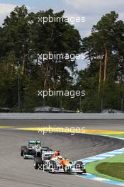 Paul di Resta (GBR) Sahara Force India VJM05 leadss Nico Rosberg (GER) Mercedes AMG F1 W03. 22.07.2012. Formula 1 World Championship, Rd 10, German Grand Prix, Hockenheim, Germany, Race Day