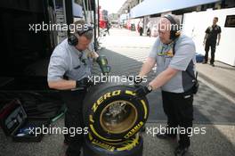 Mechanics working on Pirelli Tires 21.07.2012. Formula 1 World Championship, Rd 10, German Grand Prix, Hockenheim, Germany, Qualifying Day