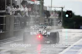 Michael Schumacher (GER) Mercedes AMG F1 W03 leaves the pits in the wet. 27.07.2012. Formula 1 World Championship, Rd 11, Hungarian Grand Prix, Budapest, Hungary, Practice Day