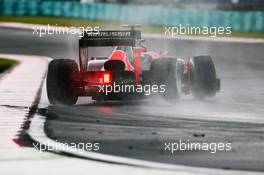 Timo Glock (GER) Marussia F1 Team MR01 catches a slide in the wet. 27.07.2012. Formula 1 World Championship, Rd 11, Hungarian Grand Prix, Budapest, Hungary, Practice Day