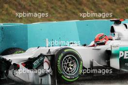 Michael Schumacher (GER) Mercedes AMG F1 W03 crashed in the rain in the second practice session. 27.07.2012. Formula 1 World Championship, Rd 11, Hungarian Grand Prix, Budapest, Hungary, Practice Day