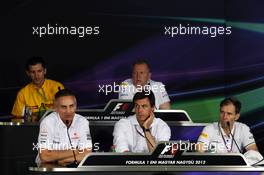 The FIA Press Conference (from back row (L to R): Remi Taffin (FRA) Renault Sport F1 Head of Track Operations; Andrew Green (GBR) Sahara Force India F1 Team Technical Director; Martin Whitmarsh (GBR) McLaren Chief Executive Officer; Toto Wolff (GER) Williams Non Executive Director; Luis Perez-Sala (ESP) HRT Formula One Team, Team Prinicpal. 27.07.2012. Formula 1 World Championship, Rd 11, Hungarian Grand Prix, Budapest, Hungary, Practice Day