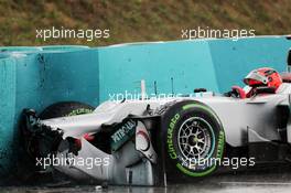 Michael Schumacher (GER) Mercedes AMG F1 W03 crashed in the rain in the second practice session. 27.07.2012. Formula 1 World Championship, Rd 11, Hungarian Grand Prix, Budapest, Hungary, Practice Day