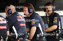 Adrian Newey (GBR) Red Bull Racing Chief Technical Officer (Left) and Christian Horner (GBR) Red Bull Racing Team Principal (Centre) on the pit gantry. 27.07.2012. Formula 1 World Championship, Rd 11, Hungarian Grand Prix, Budapest, Hungary, Practice Day