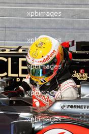 Race winner Lewis Hamilton (GBR) McLaren MP4/27 in parc ferme with a message of support to Team GB and Grenada on his helmet. 29.07.2012. Formula 1 World Championship, Rd 11, Hungarian Grand Prix, Budapest, Hungary, Race Day