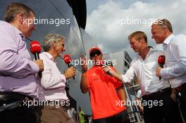 (L to R): Martin Brundle (GBR) Sky Sports Commentator; Damon Hill (GBR) Sky Sports Presenter; Lewis Hamilton (GBR) McLaren; Simon Lazenby (GBR) Sky Sports F1 TV Presenter; Johnny Herbert (GBR). 29.07.2012. Formula 1 World Championship, Rd 11, Hungarian Grand Prix, Budapest, Hungary, Race Day