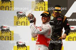 Race winner Lewis Hamilton (GBR) McLaren celebrates on the podium. 29.07.2012. Formula 1 World Championship, Rd 11, Hungarian Grand Prix, Budapest, Hungary, Race Day