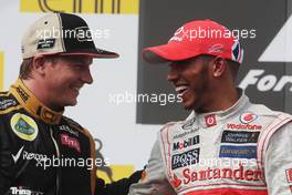 The podium (L to R): second placed Kimi Raikkonen (FIN) Lotus F1 Team with race winner Lewis Hamilton (GBR) McLaren. 29.07.2012. Formula 1 World Championship, Rd 11, Hungarian Grand Prix, Budapest, Hungary, Race Day