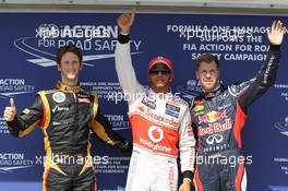 pole position for Lewis Hamilton (GBR), McLaren Mercedes 2nd place Romain Grosjean (FRA), Lotus Renault F1 Team and 3rd Sebastian Vettel (GER), Red Bull Racing  28.07.2012. Formula 1 World Championship, Rd 11, Hungarian Grand Prix, Budapest, Hungary, Qualifying Day