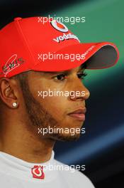 Pole sitter Lewis Hamilton (GBR) McLaren in the FIA Press Conference. 28.07.2012. Formula 1 World Championship, Rd 11, Hungarian Grand Prix, Budapest, Hungary, Qualifying Day