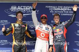 pole position for Lewis Hamilton (GBR), McLaren Mercedes 2nd place Romain Grosjean (FRA), Lotus Renault F1 Team and 3rd Sebastian Vettel (GER), Red Bull Racing  28.07.2012. Formula 1 World Championship, Rd 11, Hungarian Grand Prix, Budapest, Hungary, Qualifying Day