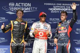 pole position for Lewis Hamilton (GBR), McLaren Mercedes 2nd place Romain Grosjean (FRA), Lotus Renault F1 Team and 3rd Sebastian Vettel (GER), Red Bull Racing  28.07.2012. Formula 1 World Championship, Rd 11, Hungarian Grand Prix, Budapest, Hungary, Qualifying Day