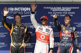 pole position for Lewis Hamilton (GBR), McLaren Mercedes 2nd place Romain Grosjean (FRA), Lotus Renault F1 Team and 3rd Sebastian Vettel (GER), Red Bull Racing  28.07.2012. Formula 1 World Championship, Rd 11, Hungarian Grand Prix, Budapest, Hungary, Qualifying Day