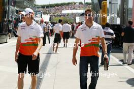 (L to R): Nico Hulkenberg (GER) Sahara Force India F1 with Paul di Resta (GBR) Sahara Force India F1. 29.07.2012. Formula 1 World Championship, Rd 11, Hungarian Grand Prix, Budapest, Hungary, Race Day