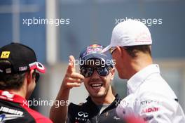 (L to R): Timo Glock (GER) Marussia F1 Team; Sebastian Vettel (GER) Red Bull Racing; and Michael Schumacher (GER) Mercedes AMG F1 on the drivers parade. 29.07.2012. Formula 1 World Championship, Rd 11, Hungarian Grand Prix, Budapest, Hungary, Race Day