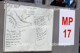 Marshals notes on a white board. 26.10.2012.Formula 1 World Championship, Rd 17, Indian Grand Prix, New Delhi, India, Practice Day.