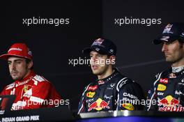 The FIA Press Conference (L to R): Fernando Alonso (ESP) Ferrari, second; Sebastian Vettel (GER) Red Bull Racing, race winner; Mark Webber (AUS) Red Bull Racing, third.. 28.10.2012. Formula 1 World Championship, Rd 17, Indian Grand Prix, New Delhi, India, Race Day.