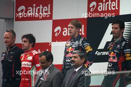 Sebastian Vettel (GER), Red Bull Racing, Fernando Alonso (ESP), Scuderia Ferrari and Mark Webber (AUS), Red Bull Racing  28.10.2012. Formula 1 World Championship, Rd 17, Indian Grand Prix, New Delhi, India, Race Day