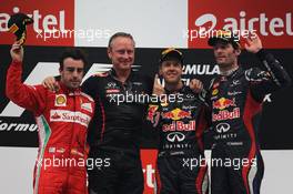 1st place Sebastian Vettel (GER), Red Bull Racing with 2nd place Fernando Alonso (ESP), Scuderia Ferrari and 3rd place Mark Webber (AUS), Red Bull Racing  28.10.2012. Formula 1 World Championship, Rd 17, Indian Grand Prix, New Delhi, India, Race Day