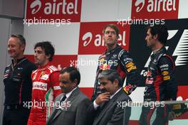Sebastian Vettel (GER), Red Bull Racing, Fernando Alonso (ESP), Scuderia Ferrari and Mark Webber (AUS), Red Bull Racing  28.10.2012. Formula 1 World Championship, Rd 17, Indian Grand Prix, New Delhi, India, Race Day