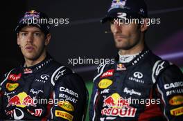 (L to R): race winner Sebastian Vettel (GER) Red Bull Racing and Mark Webber (AUS) Red Bull Racing in the FIA Press Conference. 28.10.2012. Formula 1 World Championship, Rd 17, Indian Grand Prix, New Delhi, India, Race Day.