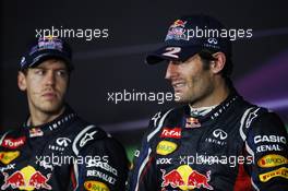(L to R): Sebastian Vettel (GER) Red Bull Racing and Mark Webber (AUS) Red Bull Racing in the FIA Press Conference. 28.10.2012. Formula 1 World Championship, Rd 17, Indian Grand Prix, New Delhi, India, Race Day.