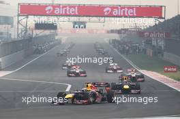 Sebastian Vettel (GER) Red Bull Racing RB8 leads on the formation lap. 28.10.2012. Formula 1 World Championship, Rd 17, Indian Grand Prix, New Delhi, India, Race Day.