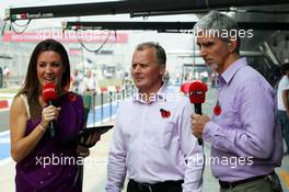 (L to R): Natalie Pinkham (GBR) Sky Sports Presenter with Johnny Herbert (GBR) Sky Sports F1 Commentator and Damon Hill (GBR) Sky Sports Presenter.
