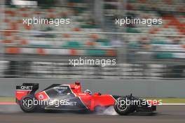 Timo Glock (GER) Marussia F1 Team MR01 locks up under braking. 27.10.2012. Formula 1 World Championship, Rd 17, Indian Grand Prix, New Delhi, India, Qualifying Day.