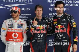 pole position for Sebastian Vettel (GER), Red Bull Racing, 2nd for Mark Webber (AUS), Red Bull Racing and 3rd for Lewis Hamilton (GBR), McLaren Mercedes  27.10.2012. Formula 1 World Championship, Rd 17, Indian Grand Prix, New Delhi, India, Qualifying Day