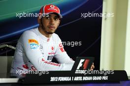 Lewis Hamilton (GBR) McLaren in the FIA Press Conference. 27.10.2012. Formula 1 World Championship, Rd 17, Indian Grand Prix, New Delhi, India, Qualifying Day.