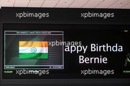 Media Center TV screen wishes Bernie Ecclestone (GBR) CEO Formula One Group (FOM) a Happy Birthday. 28.10.2012. Formula 1 World Championship, Rd 17, Indian Grand Prix, New Delhi, India, Race Day.