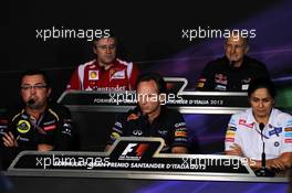 The FIA Press Conference (From back row (L to R)): Pat Fry (GBR) Ferrari Deputy Technical Director and Head of Race Engineering; Franz Tost (AUT) Scuderia Toro Rosso Team Principal; Eric Boullier (FRA) Lotus F1 Team Principal; Christian Horner (GBR) Red Bull Racing Team Principal; Monisha Kaltenborn (AUT) Sauber Managing Director.  07.09.2012. Formula 1 World Championship, Rd 13, Italian Grand Prix, Monza, Italy, Practice Day