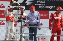The podium (L to R): Race winner Lewis Hamilton (GBR) McLaren with second placed Sergio Perez (MEX) Sauber; question asker Niki Lauda (AUT) and third placed Fernando Alonso (ESP) Ferrari. 09.09.2012. Formula 1 World Championship, Rd 13, Italian Grand Prix, Monza, Italy, Race Day