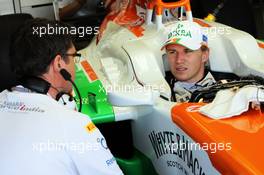 Nico Hulkenberg (GER) Sahara Force India F1 VJM05 with Bradley Joyce (GBR) Sahara Force India F1 Race Engineer. 08.09.2012. Formula 1 World Championship, Rd 13, Italian Grand Prix, Monza, Italy, Qualifying Day