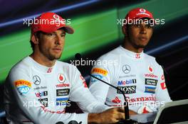 Post qualifying FIA Press Conference (L to R): Jenson Button (GBR) McLaren, second; Lewis Hamilton (GBR) McLaren, pole position. 08.09.2012. Formula 1 World Championship, Rd 13, Italian Grand Prix, Monza, Italy, Qualifying Day