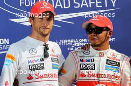 Qualifying parc ferme top 3 (L to R): Jenson Button (GBR) McLaren, second; Lewis Hamilton (GBR) McLaren, pole position. 08.09.2012. Formula 1 World Championship, Rd 13, Italian Grand Prix, Monza, Italy, Qualifying Day