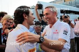 (L to R): Pedro De La Rosa (ESP) HRT Formula 1 Team celebrates his 100th GP with Martin Whitmarsh (GBR) McLaren Chief Executive Officer. 08.09.2012. Formula 1 World Championship, Rd 13, Italian Grand Prix, Monza, Italy, Qualifying Day
