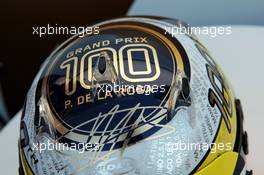 A helmet for Pedro De La Rosa (ESP) HRT Formula 1 Team celebrating his 100th GP. 08.09.2012. Formula 1 World Championship, Rd 13, Italian Grand Prix, Monza, Italy, Qualifying Day