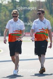 Nico Hulkenberg (GER) Sahara Force India F1 walks the circuit with Bradley Joyce (GBR) Sahara Force India F1 Race Engineer. 06.09.2012. Formula 1 World Championship, Rd 13, Italian Grand Prix, Monza, Italy, Preparation Day