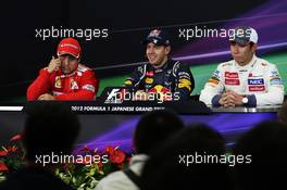 The FIA Press Conference (L to R): Felipe Massa (BRA) Ferrari, second; Sebastian Vettel (GER) Red Bull Racing, race winner; Kamui Kobayashi (JPN) Sauber, third. 07.10.2012. Formula 1 World Championship, Rd 15, Japanese Grand Prix, Suzuka, Japan, Race Day.