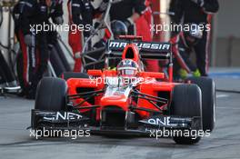 Timo Glock (GER) Marussia F1 Team MR01 makes a pit stop. 07.10.2012. Formula 1 World Championship, Rd 15, Japanese Grand Prix, Suzuka, Japan, Race Day.