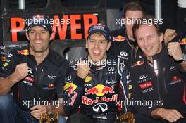 Mark Webber (AUS), Red Bull Racing celebrates with Sebastian Vettel (GER), Red Bull Racing and Christian Horner (GBR) Red Bull Racing Team Principal  14.10.2012. Formula 1 World Championship, Rd 16, Korean Grand Prix, Yeongam, Korea, Race Day